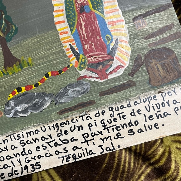 Vintage Mexican Folk Art Retablo Ex-Voto Virgin Mary Snake Bite Prayer on Tin - Picture 5 of 7